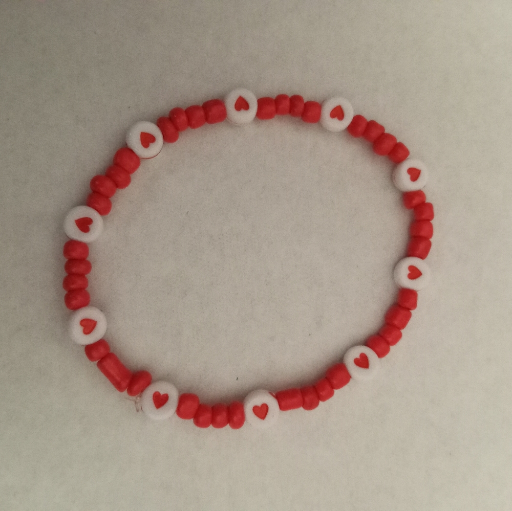 Red stretchy beaded heart logo hand crafted statement love bracelet